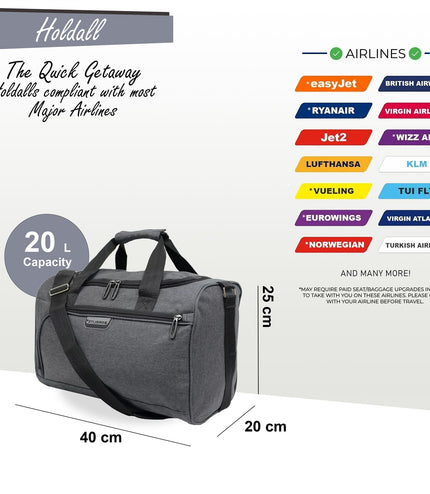 Holdall Carry On 40x 20 x25cm Under-seat Travel Cabin Bag for Ryanair, Easy Jet Grey