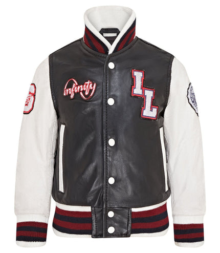 Kids Black Letterman Leather Varsity College Bomber Jacket