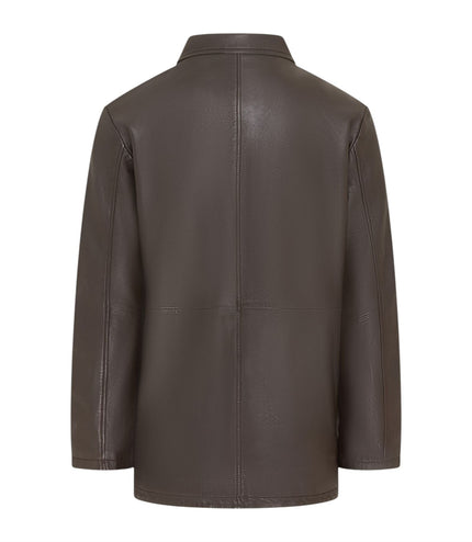 Men's Brown Leather Long Collared Car Coat Jacket - Berry