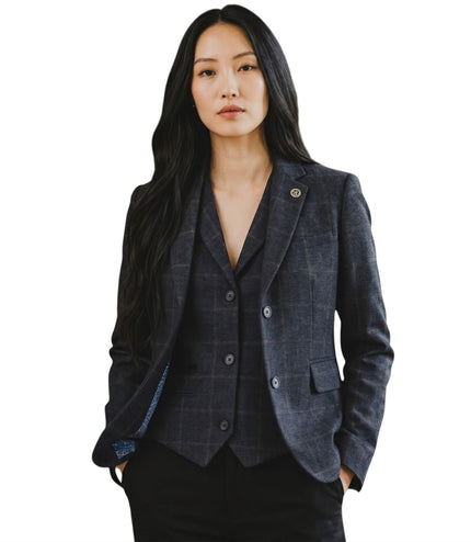 Women's Navy 2 Piece Check Formal Tweed Blazer & Waistcoat Set - TPSTZ-7