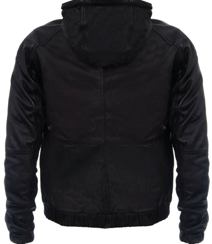 Men's Casual Leather Hooded Bomber Jacket-Odesa - Black