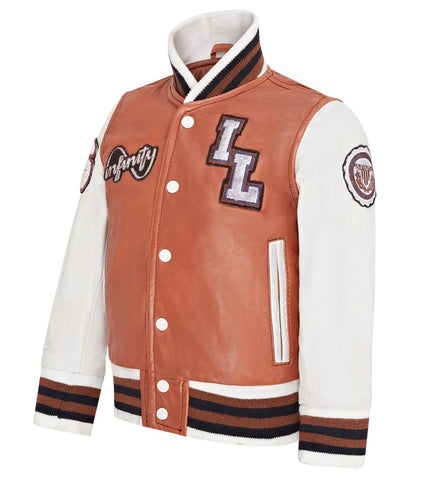 Kids Tan Letterman Leather Varsity College Bomber Jacket