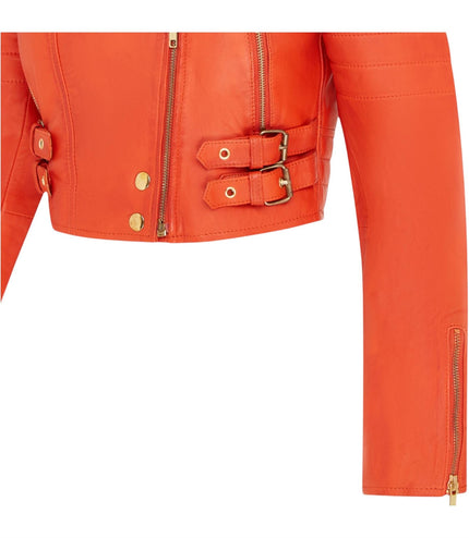 Womens Orange Cropped Brando Leather Biker Jacket-Longtown