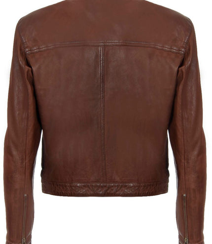 Men's Classic Fitted Leather Biker Jacket-Austin - Brown
