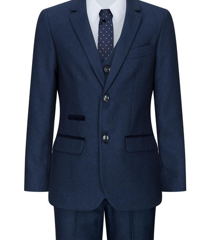 Boys 3 Piece Navy Blue Birdseye Tweed Suit