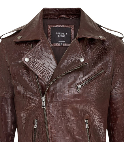 Mens Brown Cow Leather Alligator Print Embossed Biker Jacket - Rot