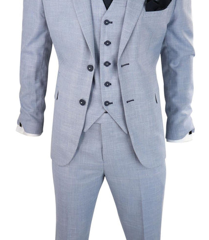 Mens 3 Piece Linen Suit Light Blue Summer Tailored Fit Wedding Prom Classic Suit