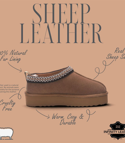 Women’s Chestnut Tan Genuine Sheepskin Real Fur Winter Platform Slippers - Polar