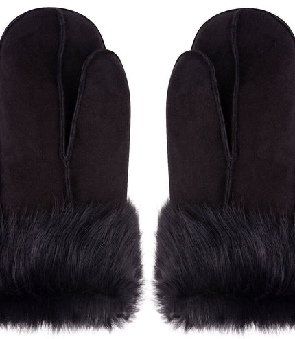 Unisex Blackl Sheepskin Leather Shearling Mittens Warm Gloves