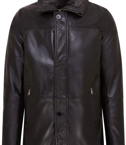 Mens Leather Jacket Classic Trench Coat with Removable Collar Mid Length Warm Overcoat - Black