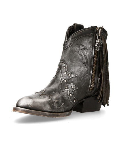 New Rock Grey Leather Fringed Pointed Cowboy Boots - WSTM003-S1