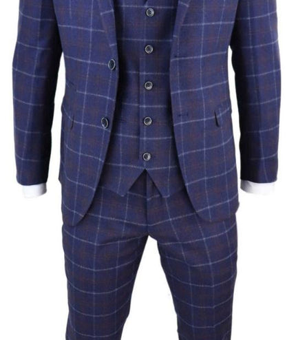 Mens 3 Piece Navy Blue Wool Check Retro Suit