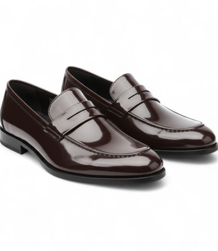 Mens Brown Patent Faux Leather Formal Penny Loafers