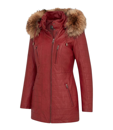 Womens Red Slim Fit Leather Hooded Parka Jacket-Northam