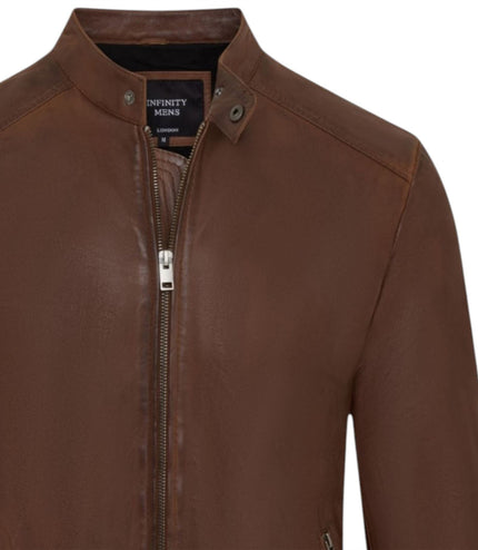 Mens Leather Brown Stand Collar Cafe Racer Biker Jacket - E184