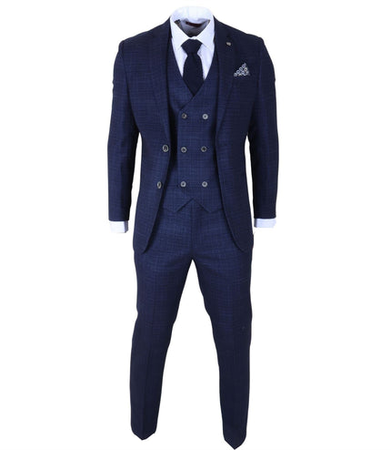 Men's Blue Plain Check 3 Piece Slim Fit Formal Wedding Suit