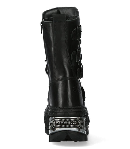 New Rock Black Mid Calf Leather Goth Boots-WALL1473-S11