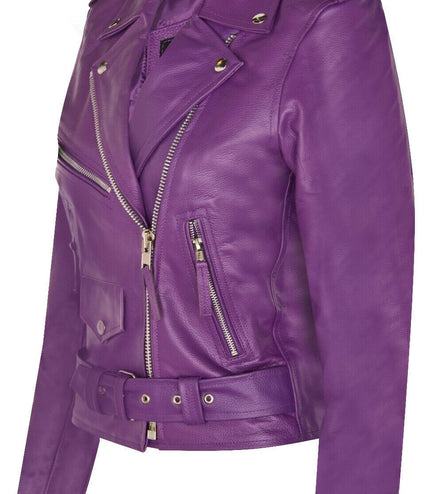 Women's Cowhide Brando Leather Biker Jacket-Murcia - Purple