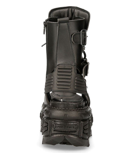 New Rock Unisex Black Vegan Leather Sandal Boots- Bios107-V1