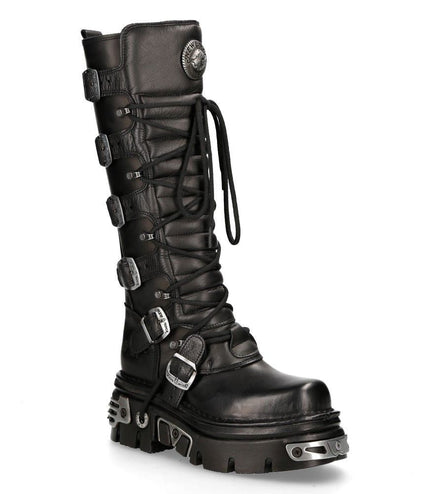 New Rock Knee High Black Leather Gothic Boots - 272-S1