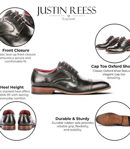 Justin Reess Men's Polished Black Leather Cap Toe Derby Shoes - Everett