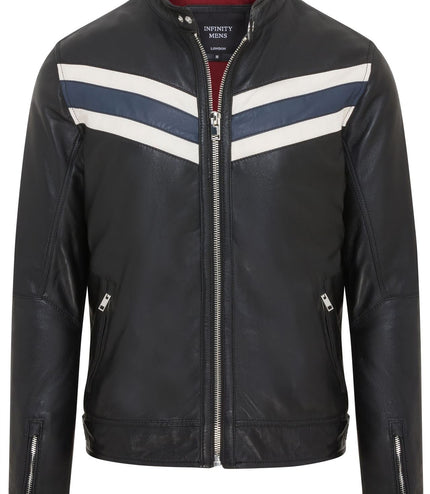 Men's Black Striped CafÃ© Racer Biker Leather Motorcycle Jacket - Black/Blue