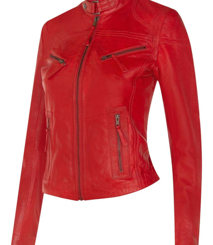 Womens Slim-Fit Leather Biker Jacket-Maldon - Red