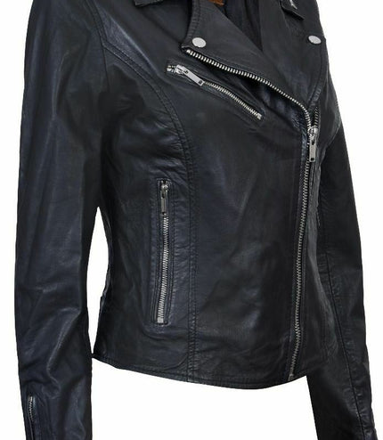 Womens Leather Classic Biker Brando Jacket-Baku - Black