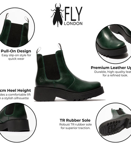Fly London Womens Petrol Green Medi789 Wedged Chelsea Ankle Leather Platform Boots