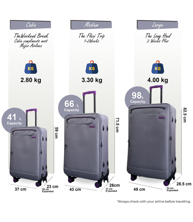 Handa Set of 3 Soft Shell Suitcase in Grey