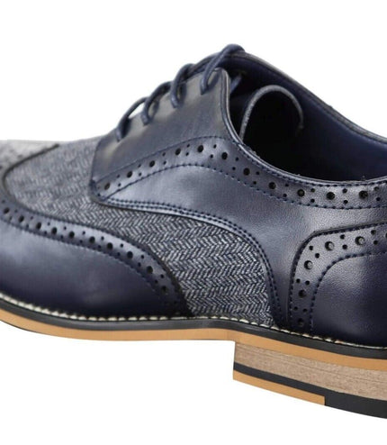 Mens Classic Oxford Tweed Brogue Shoes In Navy Leather