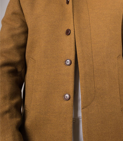 Men's Tan Stand Collar Wool Blend Overcoat