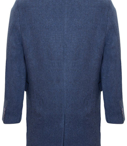 Mens 3/4 Long Navy Overcoat Jacket Herringbone Tweed Coat Peaky Blinder