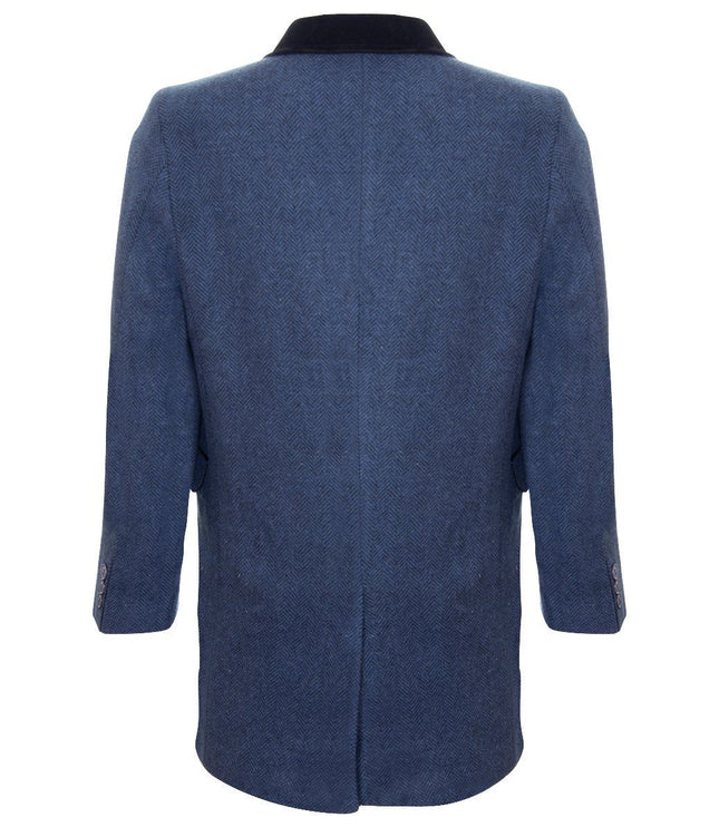 Mens 3/4 Long Navy Overcoat Jacket Herringbone Tweed Coat Peaky Blinder