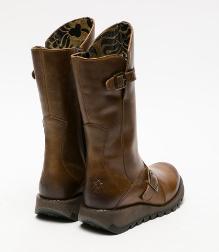 Fly London Womens Camel Mes 2 Wedge Heel Buckle Mid-Calf Leather Zip Platform Boots