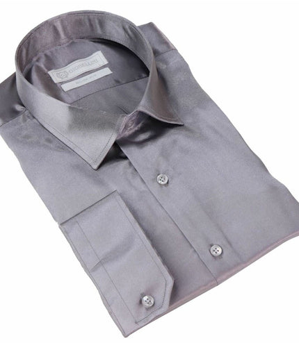 Mens Silver Satin Silk Shirt Smart Casual Button Down Cuff Tailored Fit