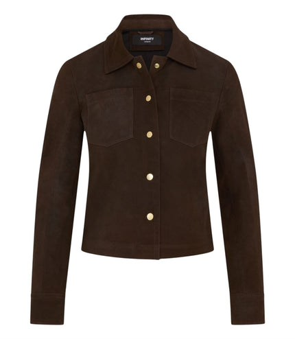 Womens Brown Leather Shacket Collar Jacket - Lofar