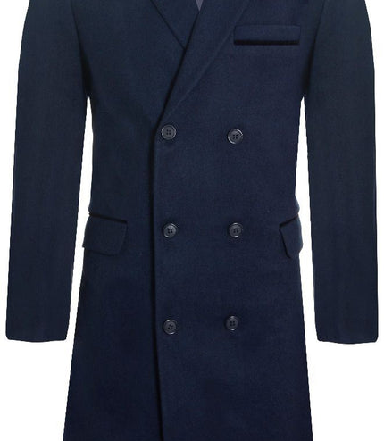 Mens 3/4 Long Double Breasted Navy Overcoat Wool Coat Peaky Blinders