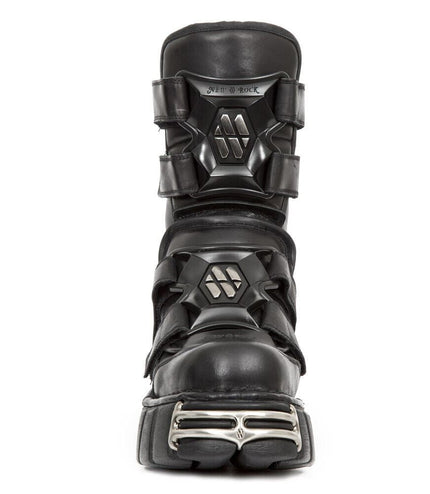 New Rock Punk Mid Calf Black Leather Boots-M-422-S1