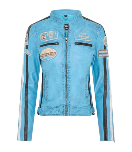 Womens Biker Racing Badges Leather Jacket-Eastleigh - Baby Blue