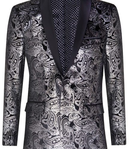 Mens Classic Silver Paisley Black Velvet Tuxedo Dinner Jacket Tailored Blazer