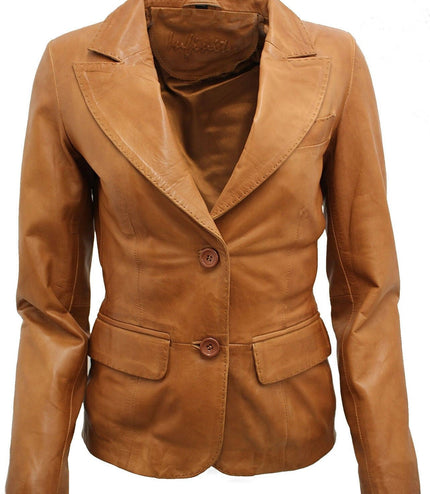 Womens Leather Blazer Jacket-Seregno - Tan