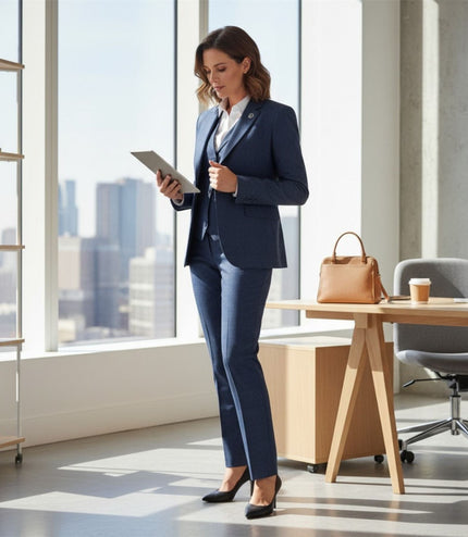 Women's Navy Three Piece Check Tailored Suit - TPW-52