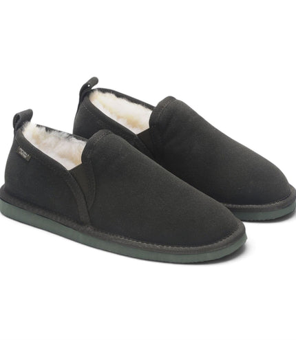 Men's Olive Green Genuine Sheepskin Suede Slipper Winter Moccasins - Cedar