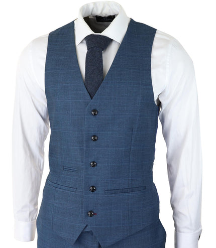 Mens 3 Piece Blue Suit Prince Of Wales Check Classic Light Tailored Fit Modern