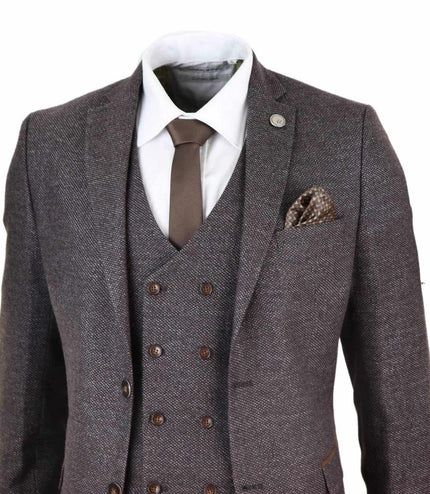 Mens Brown Wool 3 Piece Suit Double Breasted Tweed Peaky Blinders 1920