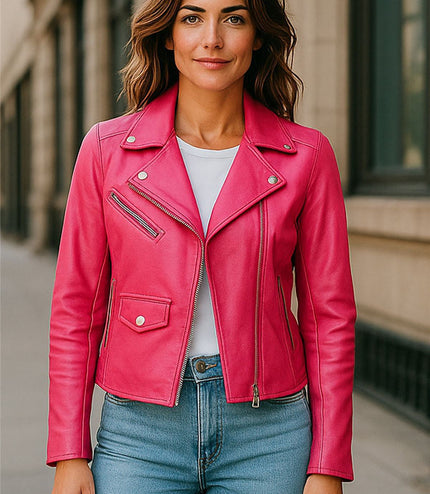 Women's Classic Brando Biker Leather Jacket - Broome - Fuschia