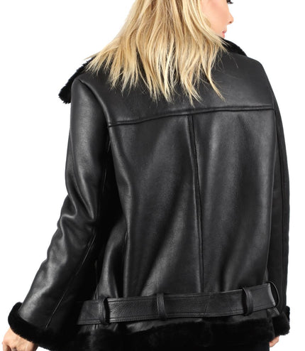 Womens Black Sheepskin Aviator Biker Jacket-Merida