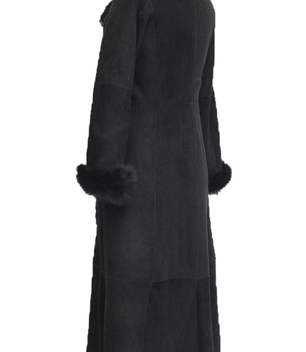 Womens Black Suede Toscana Sheepskin Hooded Trench Coat-Rushden