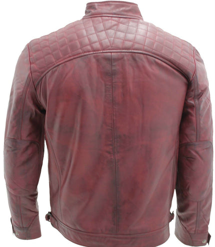 Men's Vintage Leather Quilted Biker Jacket-Monaco - Burgundy